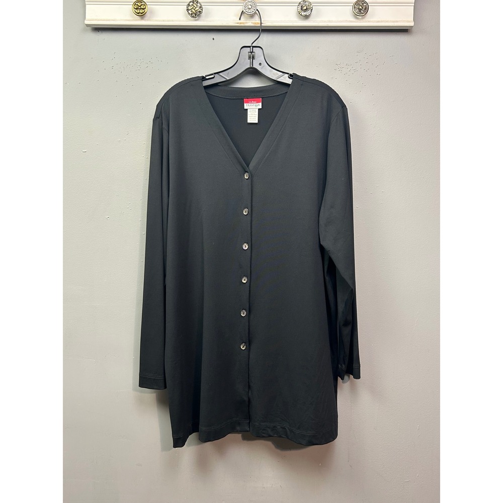 L.L. Bean Cardigan Womens XL Black Traveler V-Neck Button Front Stretch Capsule